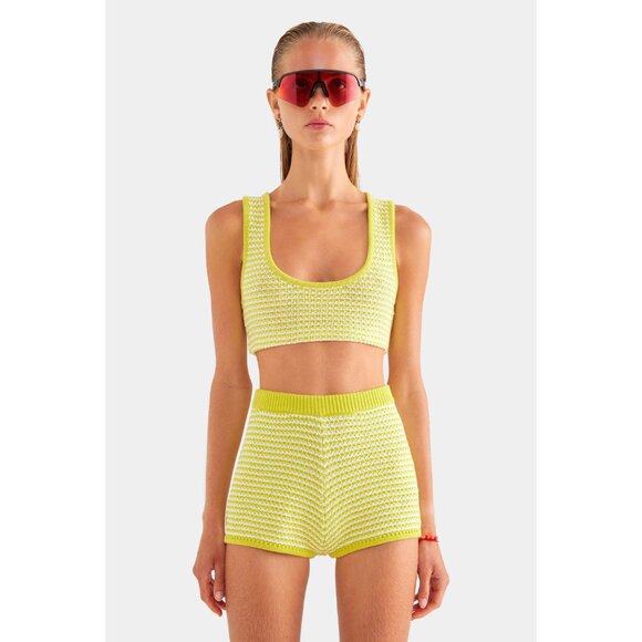 Venroy Striped Cotton Knit Short in Chartreuse/Off White Stripe - Picture 2 of 5